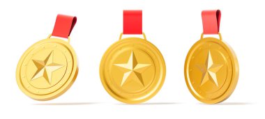 Kabartmalı yıldızlı üç parlak altın madalya ve çeşitli açılarda gösterilen kırmızı kurdeleler, gerçekçi stil, beyaz arka plan. Ödül ve başarı kavramı. 3B Hazırlama.