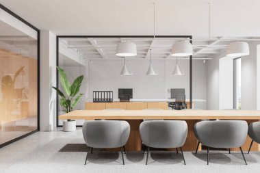 Gri sandalyeleri, ahşap masası, kolye ışıklandırması ve kapalı alan bitkisi olan çağdaş ofis toplantı odası, parlak minimalist çalışma alanı. 3B Hazırlama