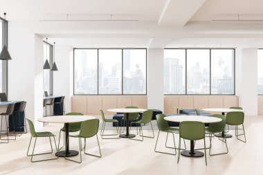 Çağdaş ofis içi yeşil sandalyeler ve yuvarlak masalar, minimal tasarım tarzı, beyaz parlak arka plan, çalışma alanı kavramı. 3B Hazırlama