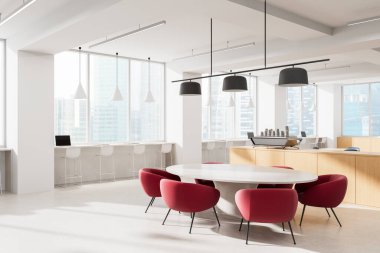 Çağdaş ofis iç tasarımı, minimalist tasarımı beyaz bir masa etrafında kırmızı sandalyeler ve pencerelerin yanında bar koltuklar, 3D görüntüleme