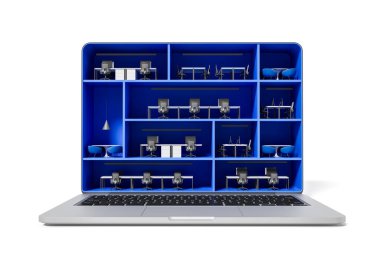 Yaratıcı dijital çalışma alanı kavramı, ekranın içinde birden fazla minyatür ofis bölmeleri ve mobilyaları olan bir dizüstü bilgisayarı gösteriyor, 3 boyutlu oluşturma, beyaz arkaplan