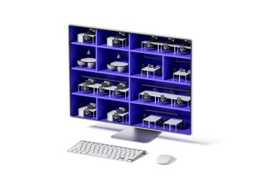 Ekran içinde birden fazla ofis içerisine sahip bilgisayar monitörü, 3D oluşturma, beyaz arkaplan, dijital çalışma alanı kavramı ve uzak işbirliği