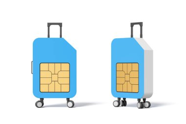 Beyaz zemin üzerinde SIM kart tasarımı olan iki modern mavi bavul, dijital seyahat, iletişim ve teknoloji kavramını temsil eden 3D oluşturma