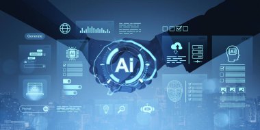 İki iş adamı, dijital şehir manzarası arka planında parlayan yapay zeka teknolojisiyle el sıkışıyor ve yenilikçi ortaklığı simgeliyor.