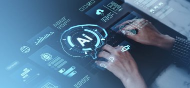 Klavyeye parlayan yapay zeka simgeleri ve veri grafikleri, fütüristik stil, mavi gradyan fon, otomatikleştirme konsepti ile insan elleri yazılıyor.