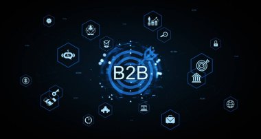 Altıgen elementlere bağlı dijital pazarlama, finans ve iş simgelerine sahip B2B konsepti, koyu fütüristik bir arka planda parlıyor. 3B Hazırlama