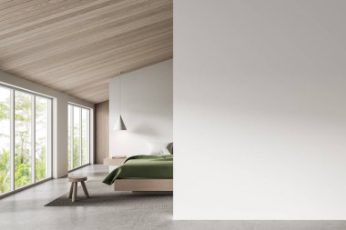 Parlak minimalist yatak odası içi büyük boş beyaz duvar, temiz tasarım düzeni, ahşap tavan, beton zemin, poster modeli konsepti. 3B Hazırlama
