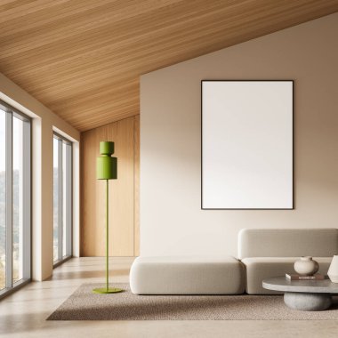 Boş çerçeveli minimalist oturma odası, bej mobilyalar, yeşil lamba, ahşap tavan ve parlak tarafsız arka planda yumuşak halı. 3B Hazırlama