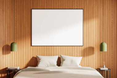 Yatağın üstündeki tahta duvara asılmış boş poster modeli yumuşak yastıklar ve yeşil lambalar, 3 boyutlu tasarım, modern iç mekan kavramı.