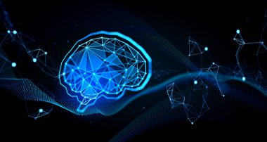 Sinir ağı çizgileri ve düğümleri ile parlayan geometrik dijital beyin, karanlık teknoloji arka planı, zeka ve bağlantı kavramı üzerine üç boyutlu görüntüleme