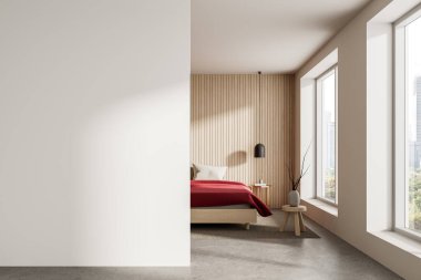 Modern yatak odasının içi, poster modellemesi için büyük boş beyaz duvar, asgari estetik, beton zemin, doğal ışıklandırma, markalaşma konsepti. 3B Hazırlama