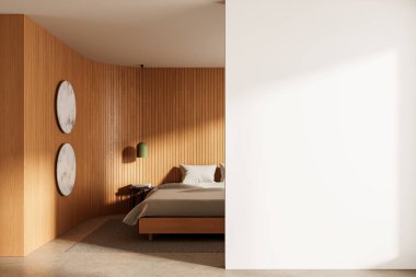 Minimalist yatak odası içi boş beyaz duvarlı poster modeli, sıcak ahşap paneller, yumuşak yatak ve güneş ışığı gölge düşürücü. 3B Hazırlama