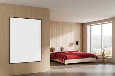 Temiz yatak odasındaki boş poster şablonu ahşap panel duvarlar, minimalist mobilyalar ve doğal ışıklandırma, 3D görüntüleme