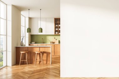 Boş bir duvarın yanında ahşap ve yeşil fayans tasarımı olan çağdaş bir mutfak, asgari dekor, temiz alan düzeni, poster veya markalaştırma konsepti. 3B Hazırlama