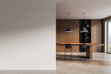 Modern ahşap mutfağın yanında boş beyaz duvar modeli. Kolye ışıkları, beton zemin ve şehir manzaralı pencere. 3B Hazırlama