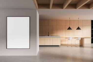 Hafif ahşap dolaplı modern minimalist mutfak, ada, kolye aydınlatma, bar tabureleri ve beyaz duvarda dikey boş çerçeve. 3B Hazırlama