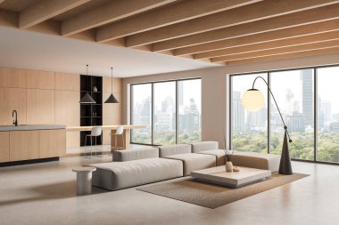 Bej renkli modüler kanepesi, ahşap tavan kirişleri, mutfak ve geniş pencereli panoramik şehir manzaralı çağdaş oturma odası. 3B Hazırlama