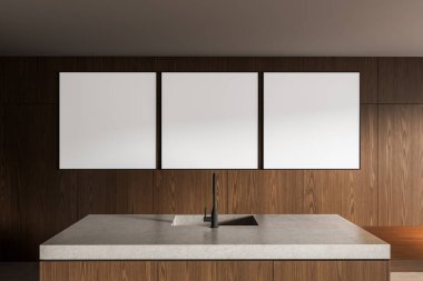 Temiz, modern bir mutfak içinin içindeki koyu ahşap duvara asılmış üç boş çerçeveli poster, lavabolu bir taş tezgahın üstünde, 3 boyutlu.