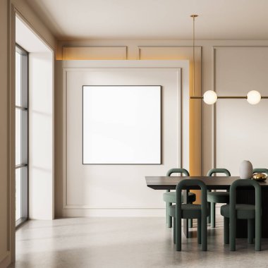 Modern mobilya ve ışıklandırma, 3 boyutlu tasarım, tasarım modeli ve şablon konsepti olan şık yemek odasındaki boş kare posterler.