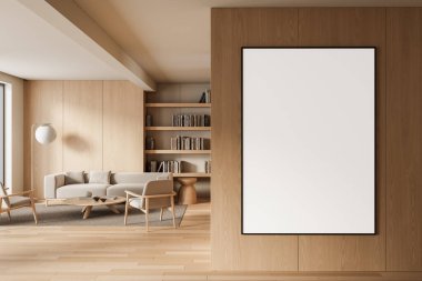 Boş dikey çerçeveli zarif oturma odası, İskandinav tarzı, ahşap duvar arka planı, modern iç tasarım konsepti. 3B Hazırlama