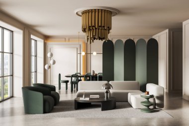 Zarif mobilyaları, altın avizesi ve tarafsız arka planda yeşil aksanı olan modern oturma ve yemek odası. 3B Hazırlama kavramı tasarımı