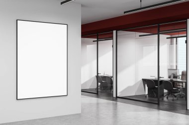 Beyaz duvarda boş dikey poster bilgisayarı, modern minimalist ofis içi cam bölümler ve mobilyalar, 3 boyutlu görüntüleme, konsept ekran