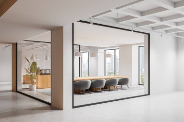 Geniş, ahşap masası, gri sandalyeleri, kolye ışıkları ve büyük pencereleri olan şehir manzaralı, geniş modern konferans odası. 3B Hazırlama