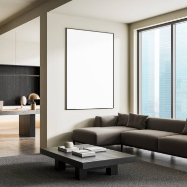 Modern oturma odasındaki, minimalist mobilyaları, büyük pencereleri ve şehir manzarası konseptiyle boş bir poster modeli çerçevelenmiş. 3B Hazırlama