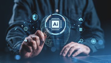 Kişinin yapay zeka arayüzü ile etkileşimi, fütüristik dijital tarz, koyu bulanık arkaplan, yenilik kavramı ve siber güvenlik