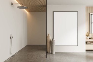Minimalist banyo içi, temiz beyaz bir duvarda boş bir poster modern dekorasyon elementleri ve beton zemin. 3B Hazırlama
