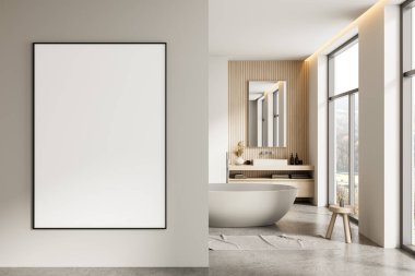 Modern banyo içinde banyo küveti, ahşap kibir ve geniş pencere manzaralı boş çerçeveli poster modeli. 3B Hazırlama