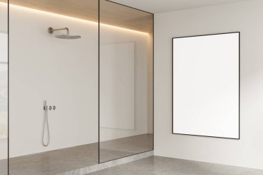 Camdan duşlu modern minimalist banyo ve beyaz duvarında boş dikey poster yumuşak ortam aydınlatması, beton zemin. 3B Hazırlama