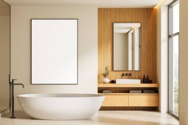 Minimalist banyo, parlak duvarında boş poster çerçevesi, ahşap panel kibri, ve temiz düzen, tasarım veya sanat sunumu için mükemmel. 3B Hazırlama