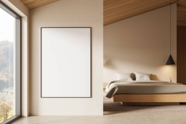 Modern yatak odasının içi, ışık duvarında boş poster şablonu, temiz minimalist tarz, pencereden gelen doğal aydınlatma, reklam tasarımı konsepti. 3B Hazırlama