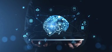 Sinir bağlantılarıyla parlayan dijital beyin ve yapay zeka simgeleri bir tablet üzerinde asılı duruyor, fütürist grafik tarzı, koyu mavi arka plan, yenilik kavramı