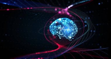 Karanlık bir arkaplanda, dinamik veri hatlarıyla sinirsel ağ bağlantıları tarafından oluşturulan parlayan dijital 3D beyin. Yapay zeka ve derin öğrenme kavramı. 3B Hazırlama