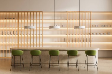 Taştan bir adada yeşil bar tabureleri olan modern minimalist mutfak, sıcak arka plandaki ahşap raflar ve tarafsız arka planda hafif ışıklandırma, konsept tasarım, üç boyutlu tasarım.