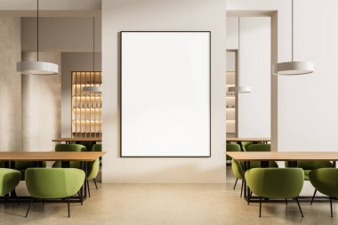 Modern yemek odasındaki duvarda asılı dikey boş poster modeli yeşil sandalyeler, ahşap masalar ve yumuşak ışıklandırma. 3B Hazırlama