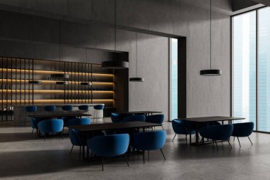 Mavi koltukları ve karanlık masaları olan çağdaş bir restoran, beton arka planda minimalist stil, modern yemek konsepti. 3B Hazırlama