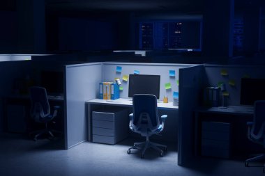 Monitörlü boş ofis bölmesi, ofis sandalyesi, yapışkan notlar, ve klasörler, koyu açık ofis alanı, modern tasarım, gece sahnesi, 3D canlandırma