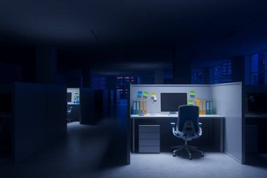 Aydınlatılmış bilgisayarlı çalışma odası ve geceleri karanlık bir ofiste klasörler, modern tasarım unsurları, parlayan ışık kaynağı, fazla mesai kavramı. 3B Hazırlama