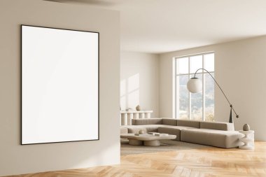 Modern oturma odasındaki duvarda boş posterler var. Temiz mobilyalar, hafif ışıklandırma ve büyük pencereler. 3B Hazırlama