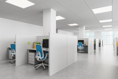 Mavi sandalyeli, masalı ve masaüstü bilgisayarlı ofis çalışma odası, minimal 3D oluşturma tarzı, parlak bir şirket arka planı, tasarım konsepti