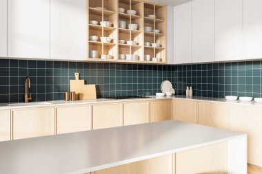 Çağdaş mutfak, açık raflar, nötr tonlar, ve temiz çizgiler, parlak bir arka planda 3D canlandırma tarzı. Modern tasarım kavramı