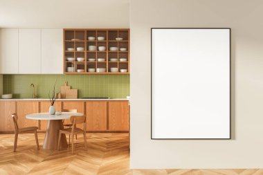 Modern mutfak ve yemek odası ahşap mobilyalar, yeşil fayans kaplama ve bej duvarda boş dikey çerçeve. 3B konsept tasarım alanı
