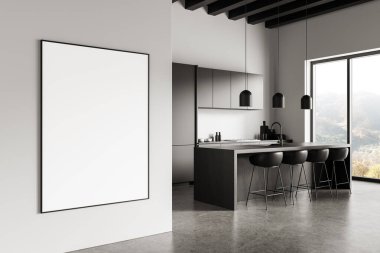 Beton zemin ve doğal ışık arkaplanı olan modern minimalist bir mutfağın duvarına asılmış boş bir poster modeli. 3B Hazırlama