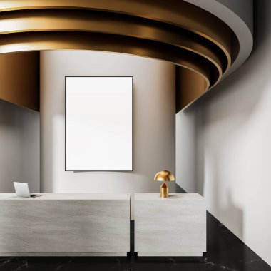 Mermer masası, dizüstü bilgisayarı, altın lambası, duvarında boş dikey posteri, eğri büğrü metalik tavanı, minimum lüks konsepti olan zarif modern kabul alanı. 3B Hazırlama