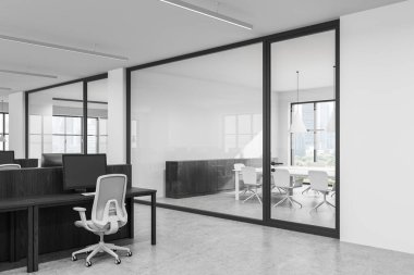 Masaları ve cam toplantı odası olan açık çalışma alanını gösteren çağdaş ofis tasarımı, minimalist beyaz tasarım, şehir manzarası arka planı, modern çalışma kavramı. 3B Hazırlama