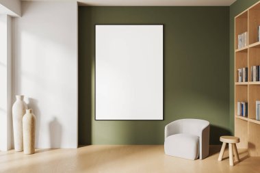 Yeşil duvardaki boş poster şablonu şık bir iç mekan, ahşap raf, yumuşak sandalye ve parlak ahşap zeminde vazolar, temiz tasarım konsepti. 3B Hazırlama