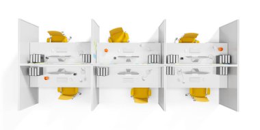 Sarı sandalyeli, minimalist masalı ve dijital aksesuarlı, beyaz arka planlı altı modern ofis kabinine genel bakış. Çalışma alanı kavramı. 3B Hazırlama